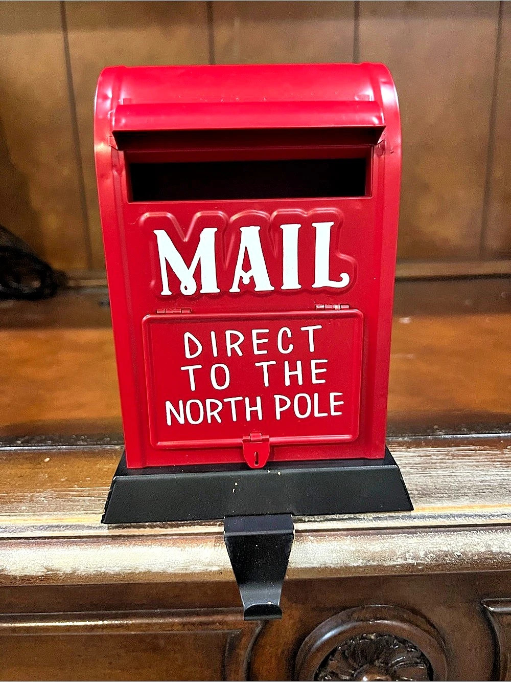 Red Metal North Pole Mailbox Christmas Stocking Holder Mantel Hanger Decor